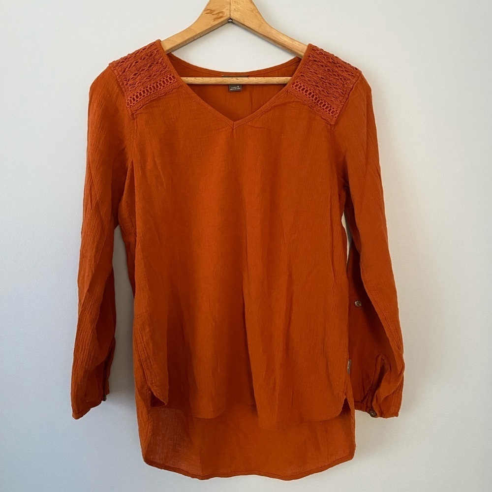 Eddie Bauer Women's Sz S Gauze Cotton Tunic Top Crochet Detail Roll Tab Sleeves